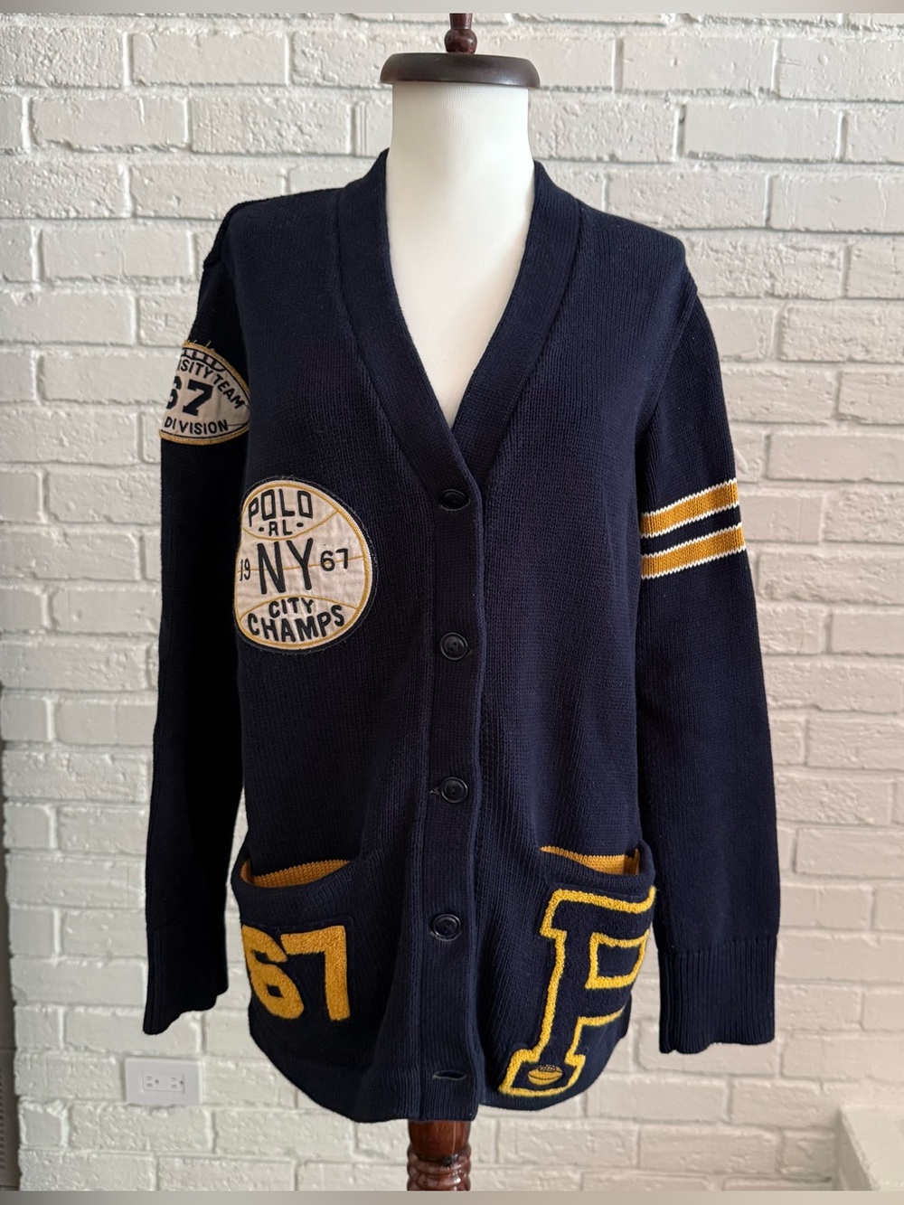 Vintage Polo by Ralph Lauren Navy and Gold Varsity Patch Cardigan